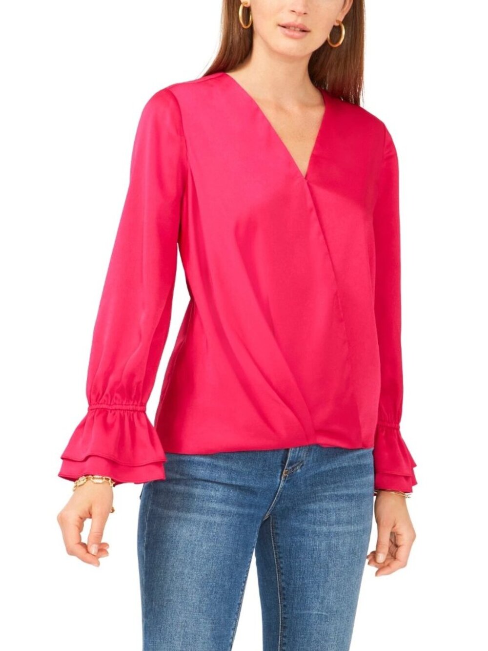 Vince Camuto Womens Pleated Ruffle Cuff Faux Wrap Surplice Top Pink Size XS NWT